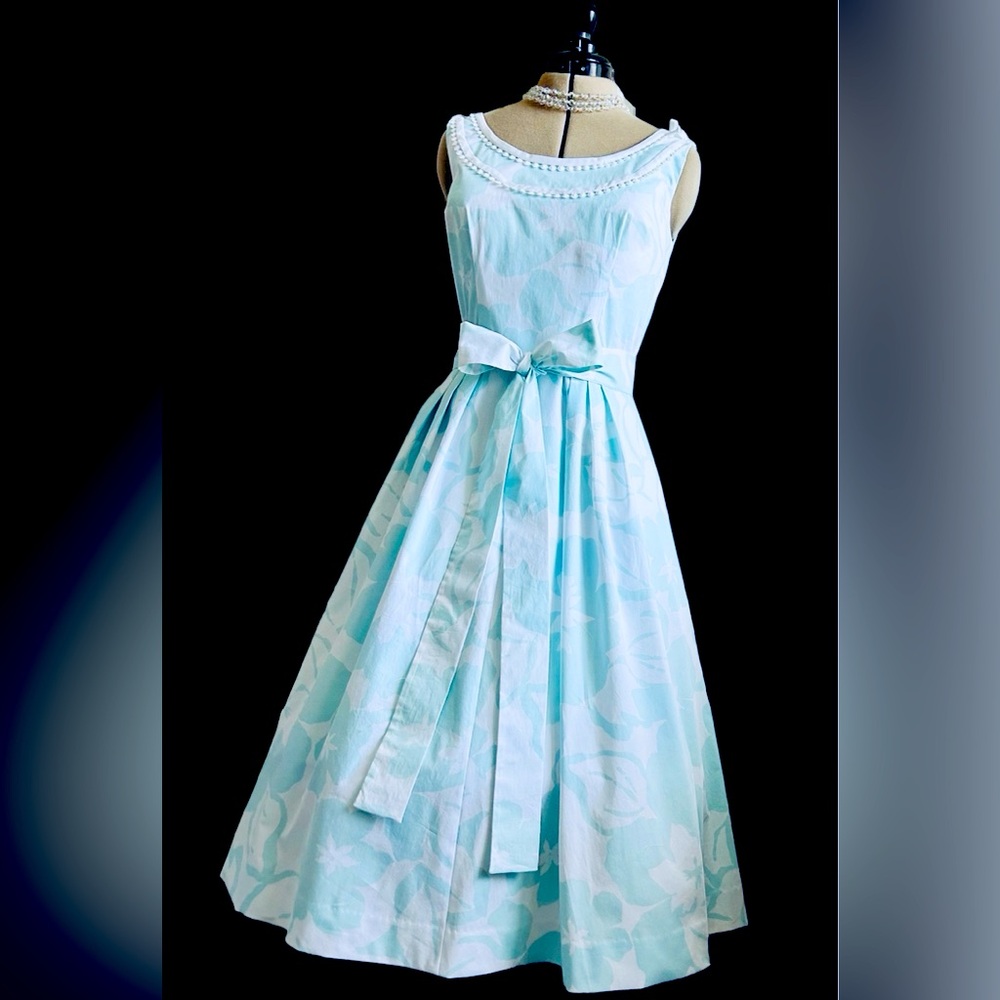 Blue Floral Sundress. Made from a 1954 Simplicity pattern. US size 8. NWT.